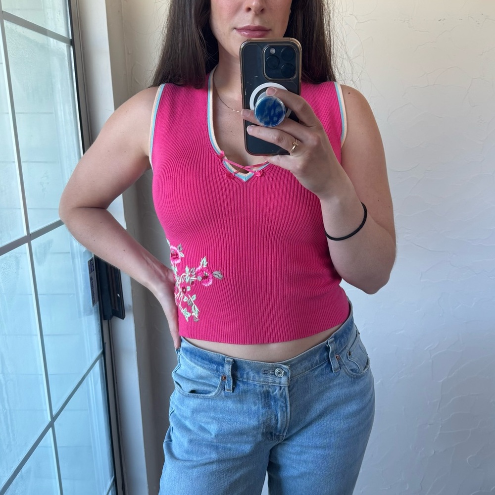 Vintage Pink floral embroidered tank top vest